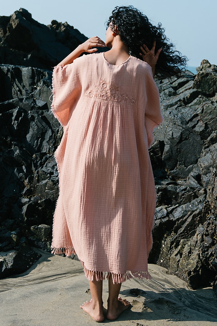 Peach Hand Embroidered Kaftan by Karuna Khaitan at Pernia's Pop Up Shop