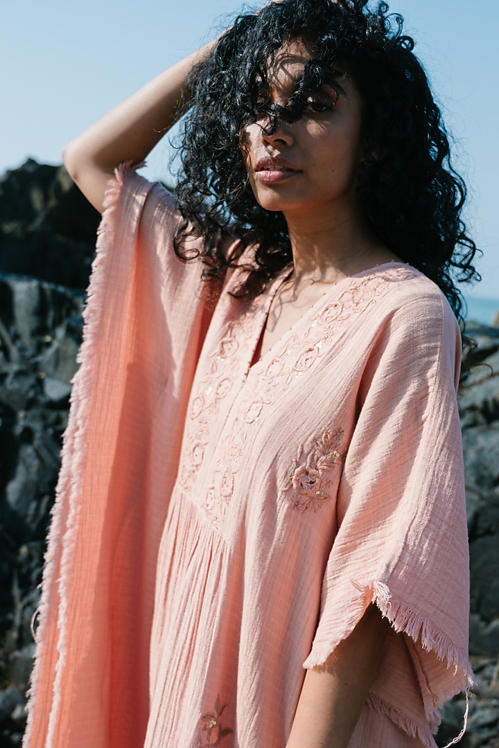Peach Hand Embroidered Kaftan by Karuna Khaitan at Pernia's Pop Up Shop