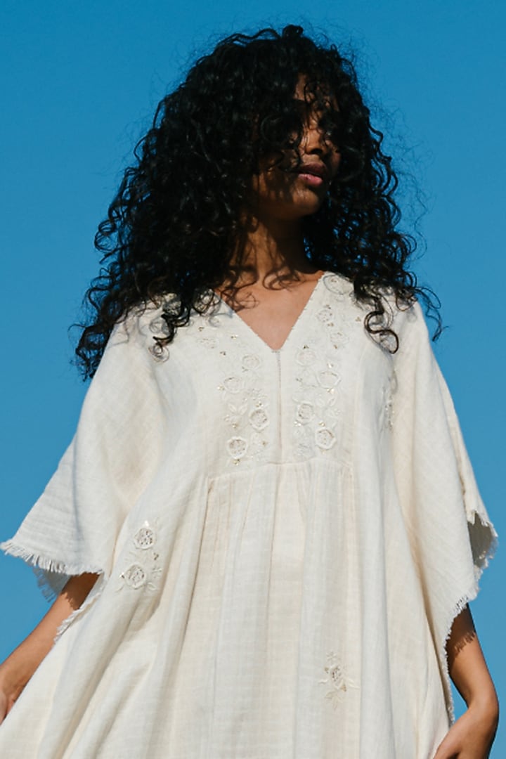 Off-White Hand Embroidered Kaftan by Karuna Khaitan at Pernia's Pop Up Shop