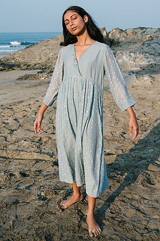 Blue Hand Embroidered Tunic by Karuna Khaitan