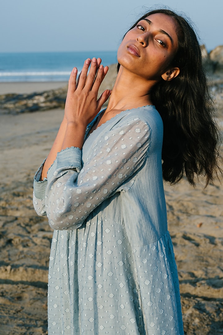 Blue Hand Embroidered Tunic by Karuna Khaitan at Pernia's Pop Up Shop