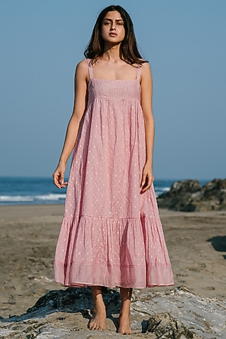 Pink Chanderi Tiered Dress by Karuna Khaitan