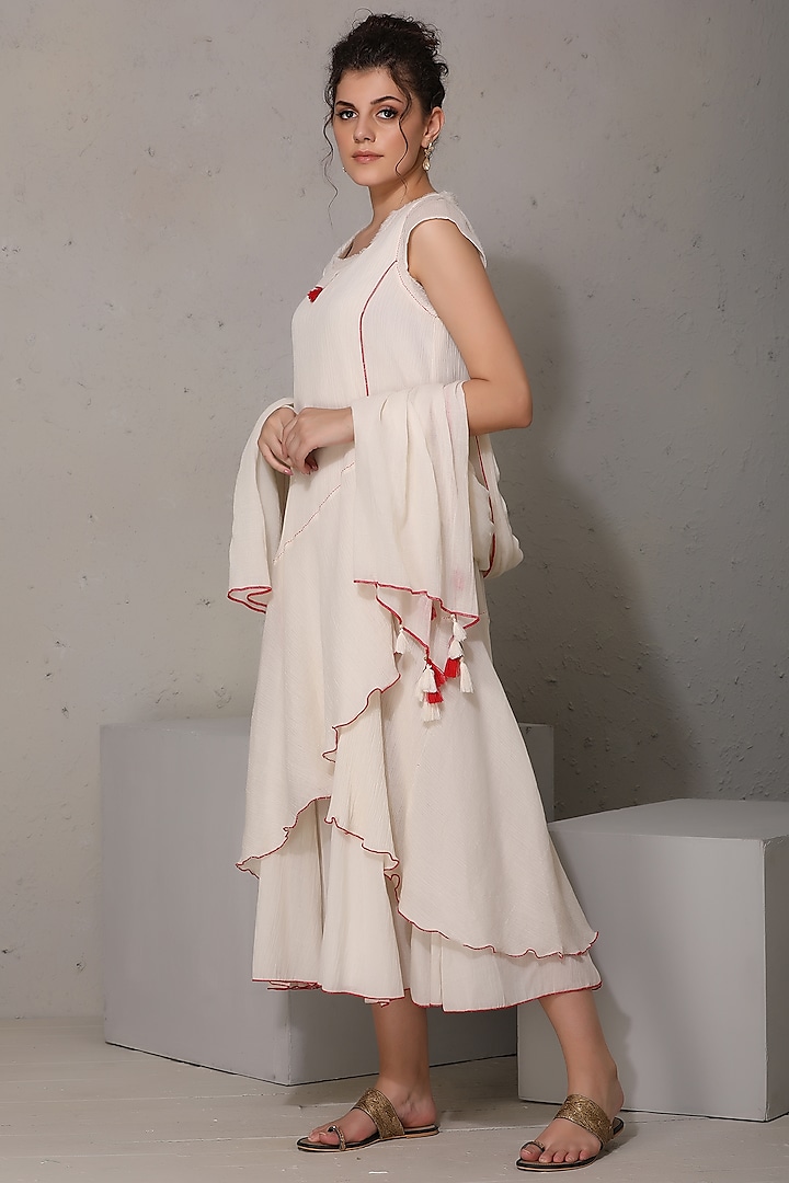White Asymmetrical Layered Dress With Scarf by Karuna Khaitan