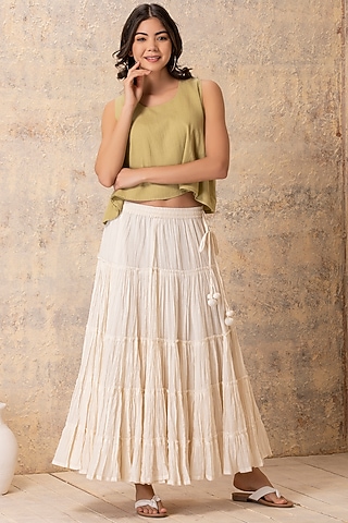 Off White Cotton Tiered Skirt by Karuna Khaitan