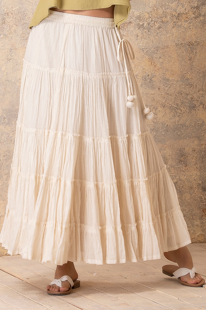 Off White Cotton Tiered Skirt by Karuna Khaitan at Pernia's Pop Up Shop