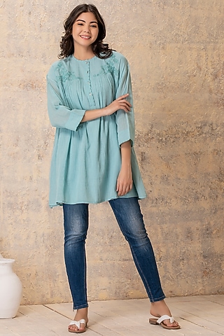 Blue Embroidered Gathered Top by Karuna Khaitan