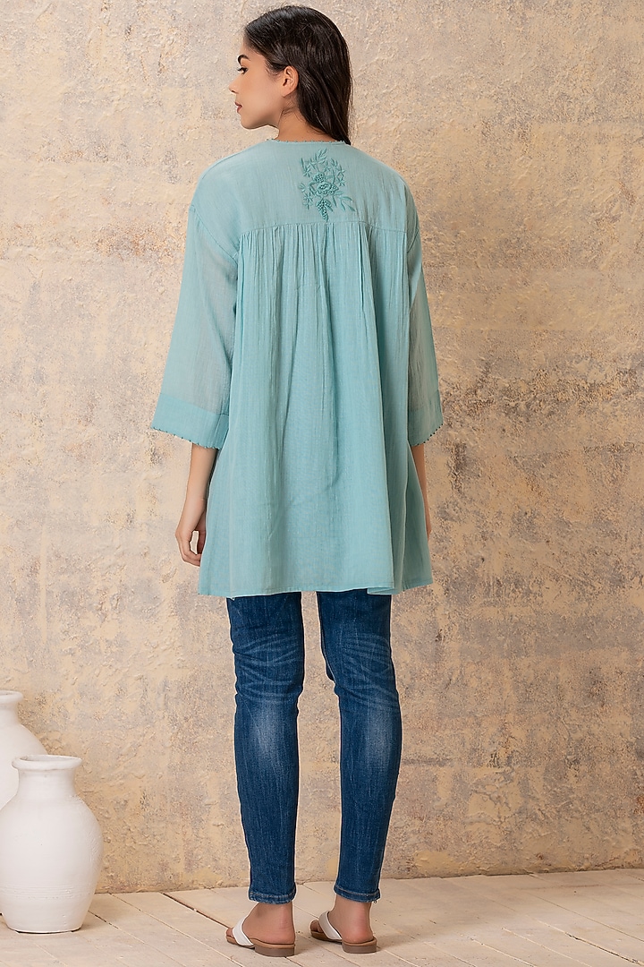 Blue Embroidered Gathered Top by Karuna Khaitan at Pernia's Pop Up Shop