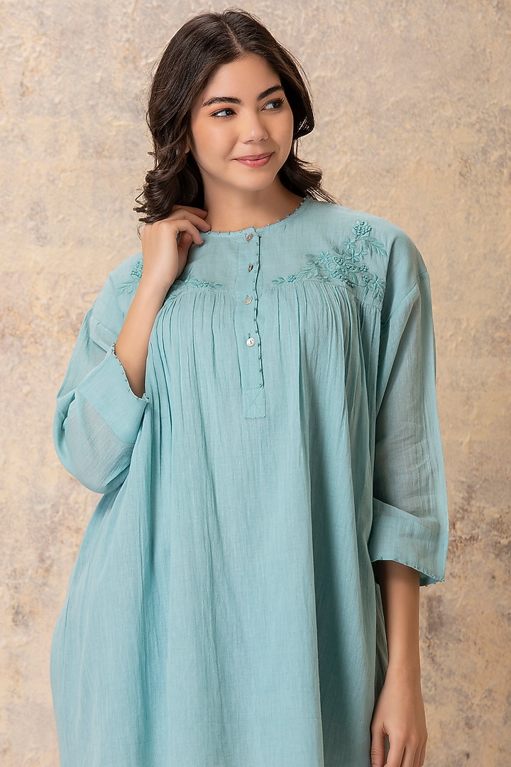 Blue Embroidered Gathered Top by Karuna Khaitan at Pernia's Pop Up Shop