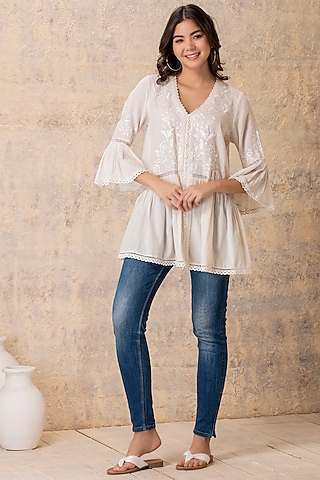 Off White Embroidered Gathered Top by Karuna Khaitan