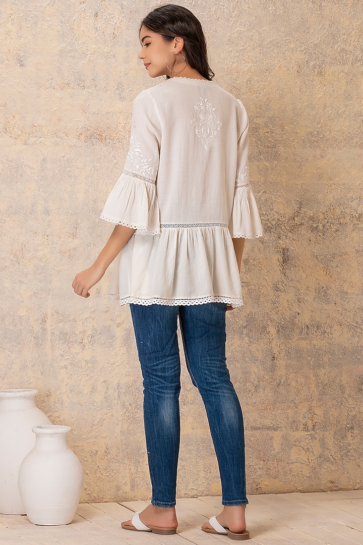 Off White Embroidered Gathered Top by Karuna Khaitan at Pernia's Pop Up Shop