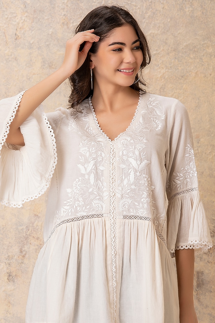 Off White Embroidered Gathered Top by Karuna Khaitan at Pernia's Pop Up Shop