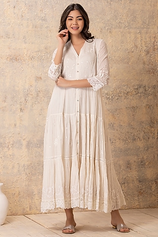 Off White Embroidered Tiered Dress by Karuna Khaitan