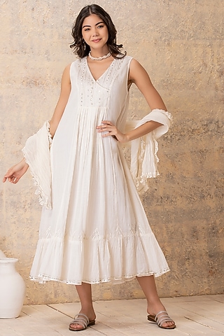 White Embroidered Gathered Dress With Scarf by Karuna Khaitan