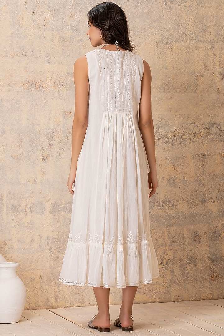 White Embroidered Gathered Summer Dress With Scarf by Karuna Khaitan at Pernia's Pop Up Shop