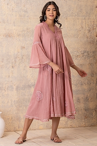 Pink Cotton Embroidered Dress by Karuna Khaitan
