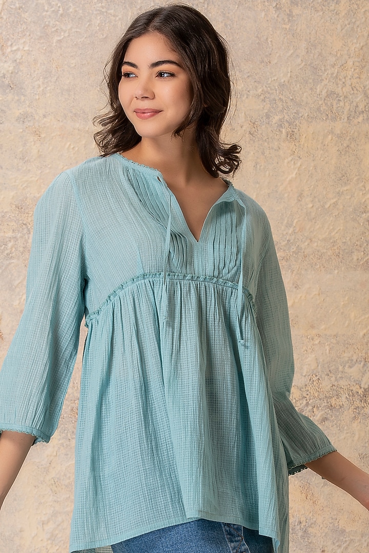 Blue Cotton Pleated Top by Karuna Khaitan at Pernia's Pop Up Shop