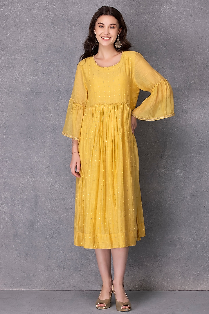Yellow Chanderi Gathered Dress by Karuna Khaitan