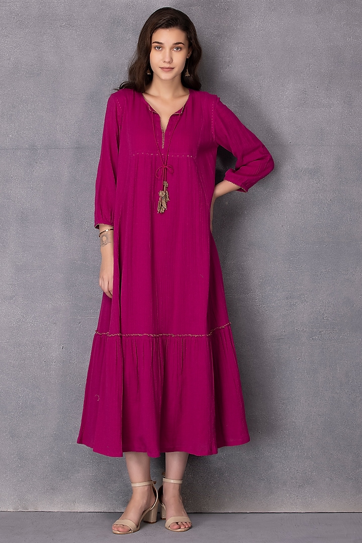 Pink Cotton Tiered Dress by Karuna Khaitan