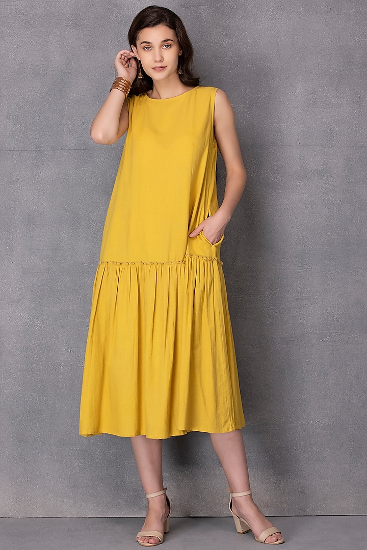 Yellow Tiered Dress In Cotton by Karuna Khaitan
