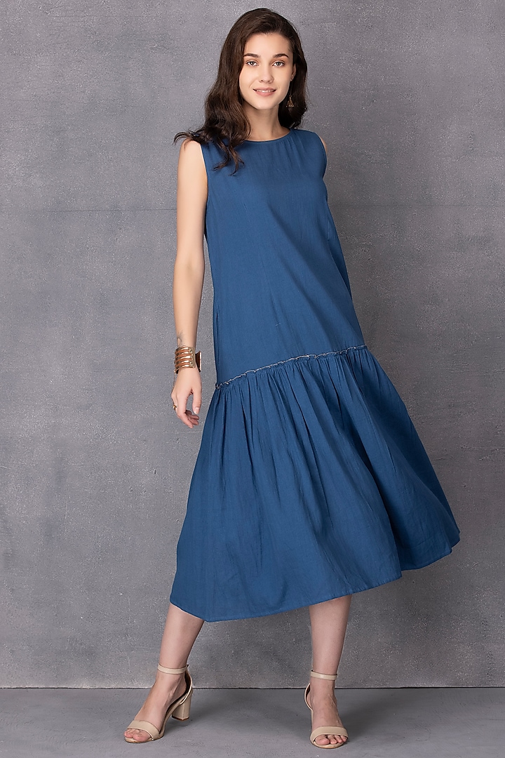 Blue Tiered Dress In Cotton by Karuna Khaitan