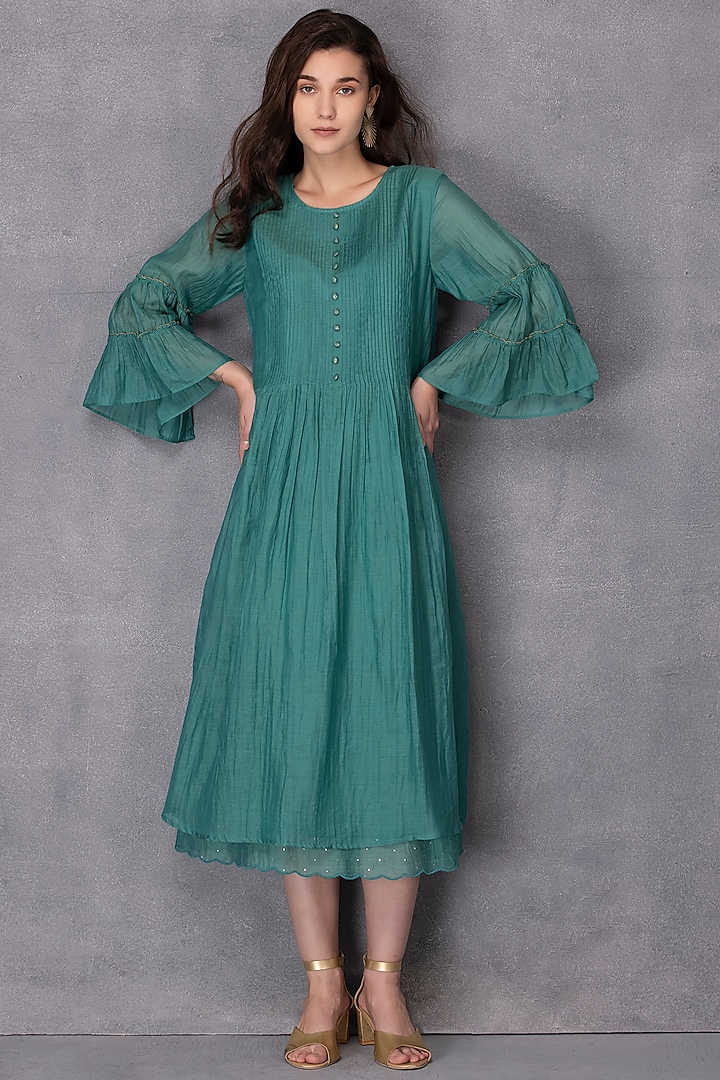 Green Chanderi Silk Dress by Karuna Khaitan