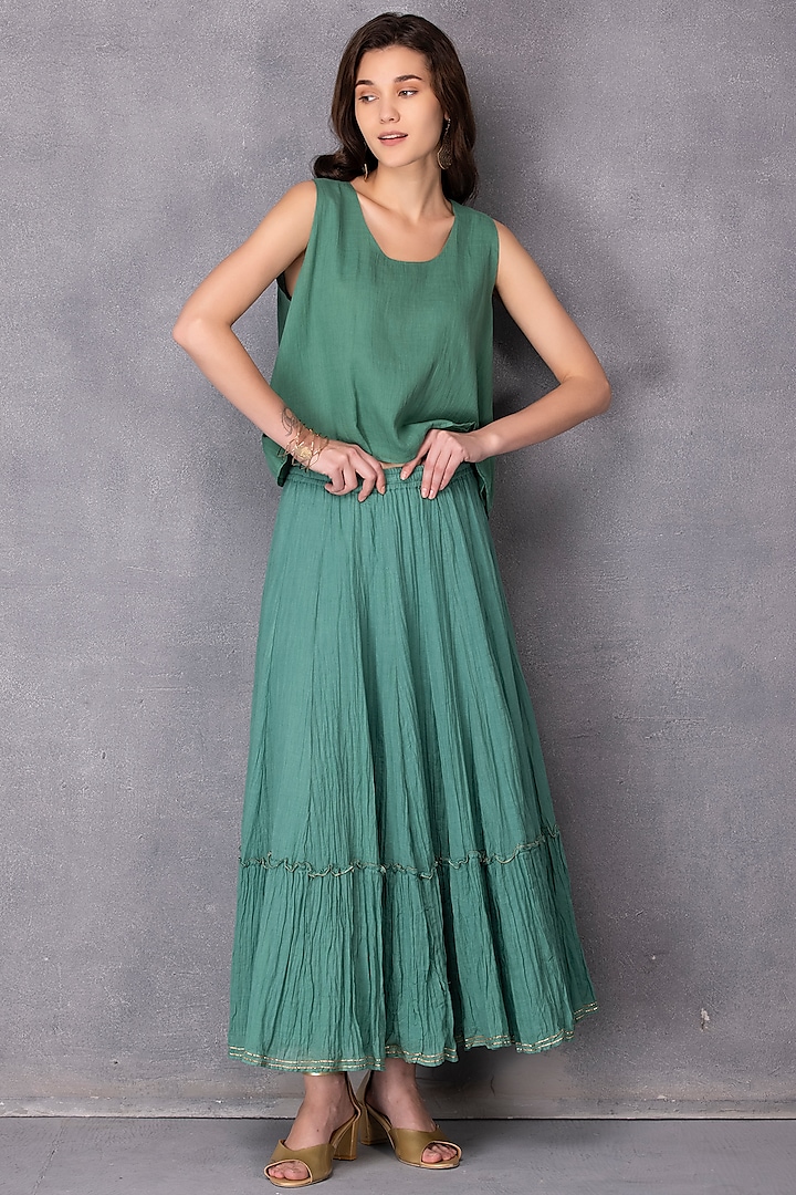 Green Cotton Skirt Set by Karuna Khaitan
