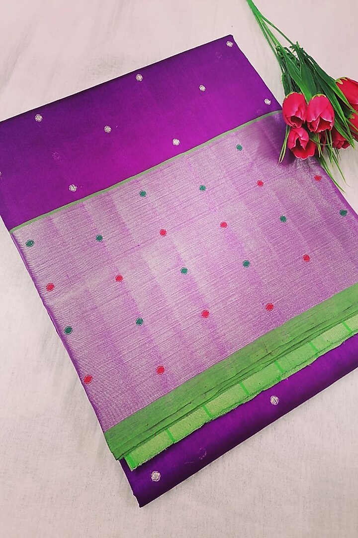 Purple Handwoven Gold Zari Saree With Attached Blouse  by Karunakar