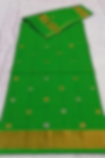 Green Handwoven Gold Zari Saree With Attached Blouse  by Karunakar