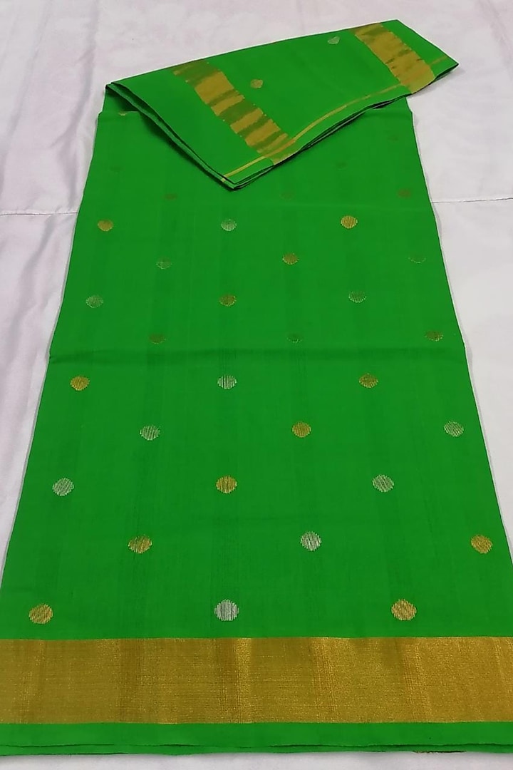 Green Handwoven Gold Zari Saree With Attached Blouse  by Karunakar at Pernia's Pop Up Shop