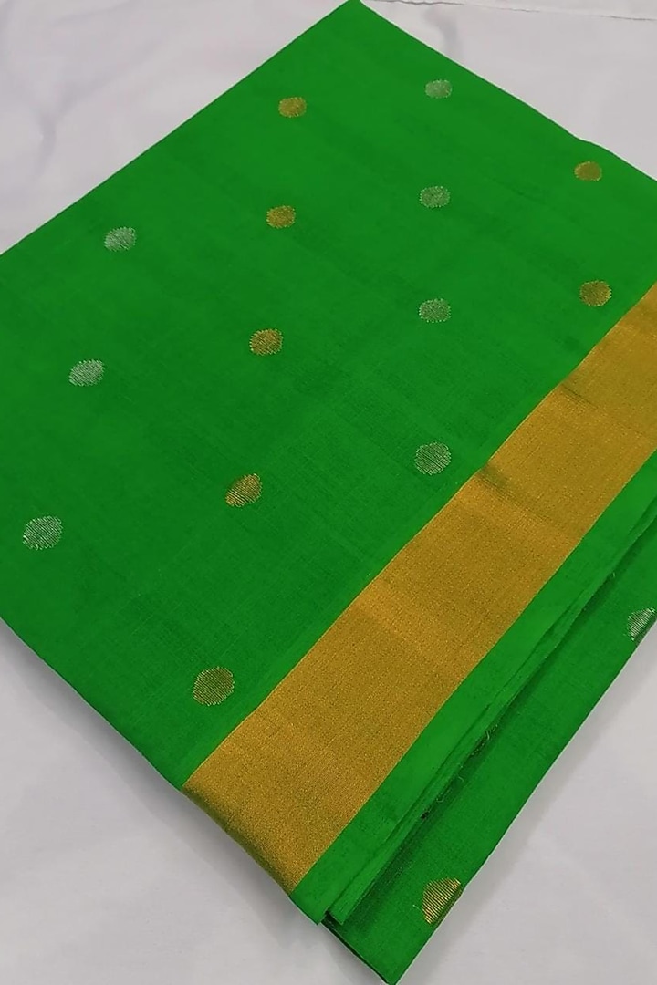 Green Handwoven Gold Zari Saree With Attached Blouse by Karunakar at Pernia's Pop Up Shop
