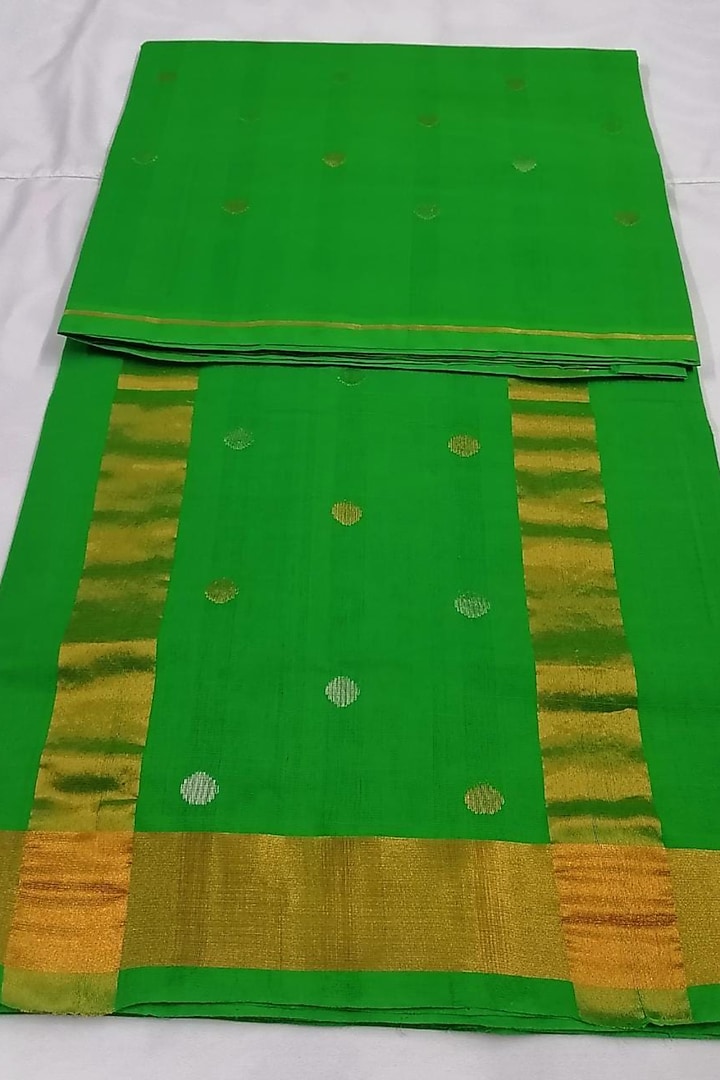 Green Handwoven Gold Zari Saree With Attached Blouse by Karunakar at Pernia's Pop Up Shop
