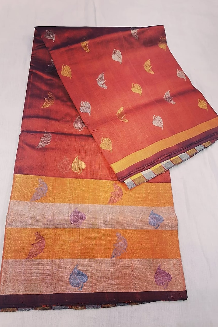 Maroon Handwoven Zari Saree With Attached Blouse  by Karunakar