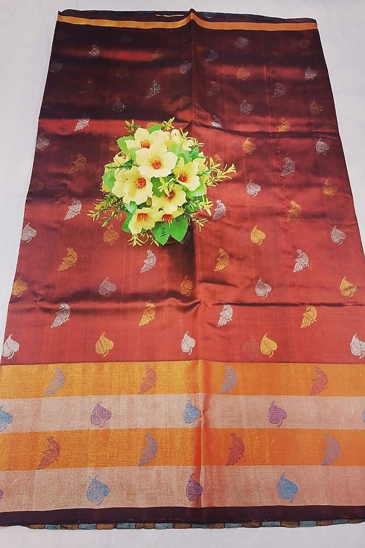 Maroon Handwoven Zari Festive Saree With Attached Blouse by Karunakar at Pernia's Pop Up Shop