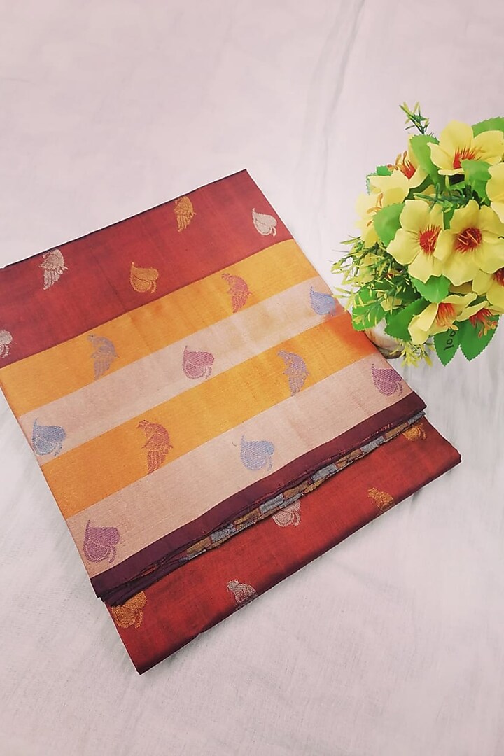 Maroon Handwoven Zari Festive Saree With Attached Blouse by Karunakar at Pernia's Pop Up Shop