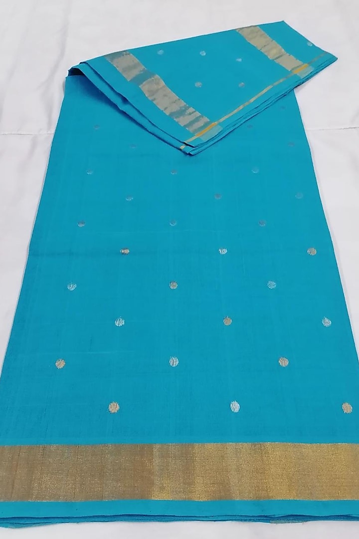 Blue Handwoven Zari Saree With Attached Blouse  by Karunakar