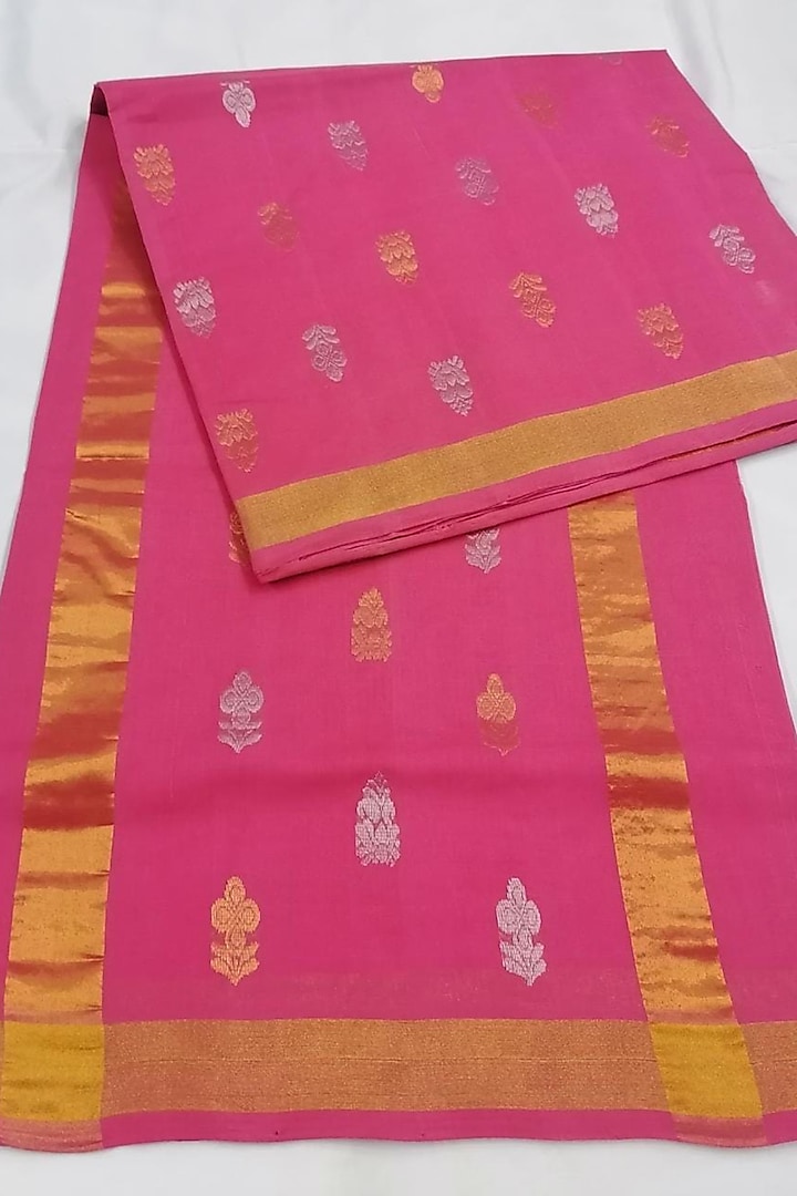 Pink Handwoven Zari Saree With Attached Blouse  by Karunakar