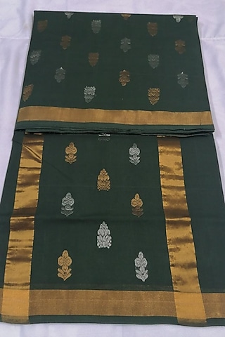 Green Handwoven Saree With Attached Blouse  by Karunakar