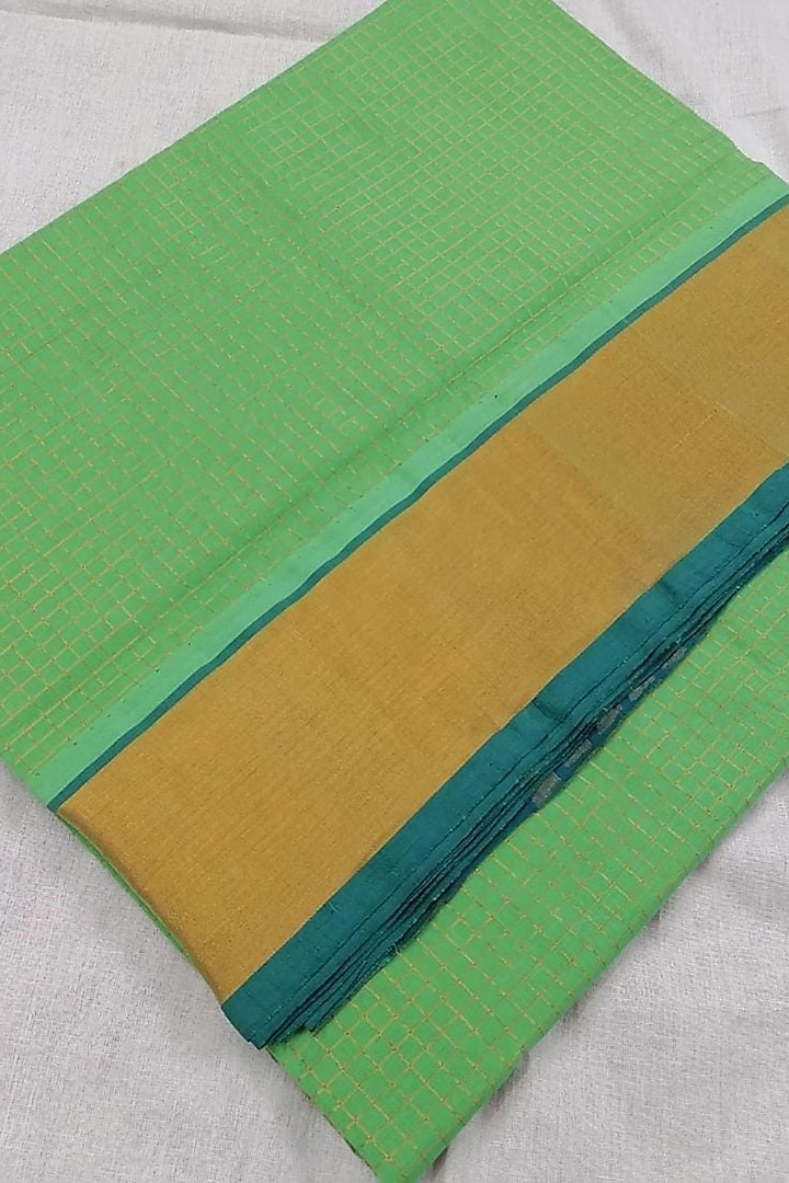 Green & Gold Zari Handwoven Saree With Attached Blouse  by Karunakar