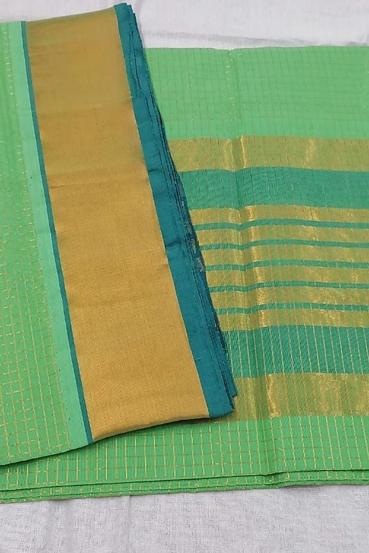 Green & Gold Zari Handwoven Saree With Attached Blouse by Karunakar at Pernia's Pop Up Shop