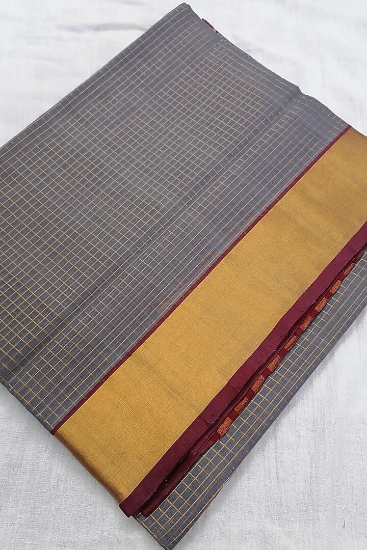 Grey Handwoven Gold Zari Saree With Attached Blouse by Karunakar at Pernia's Pop Up Shop