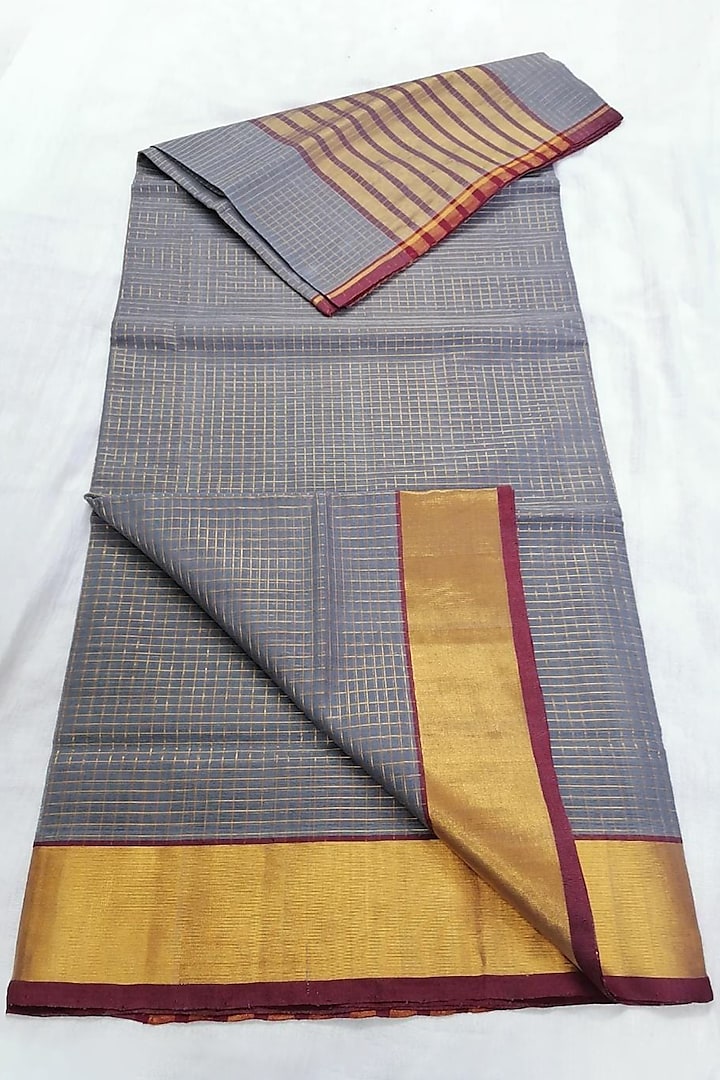 Grey Handwoven Gold Zari Saree With Attached Blouse  by Karunakar