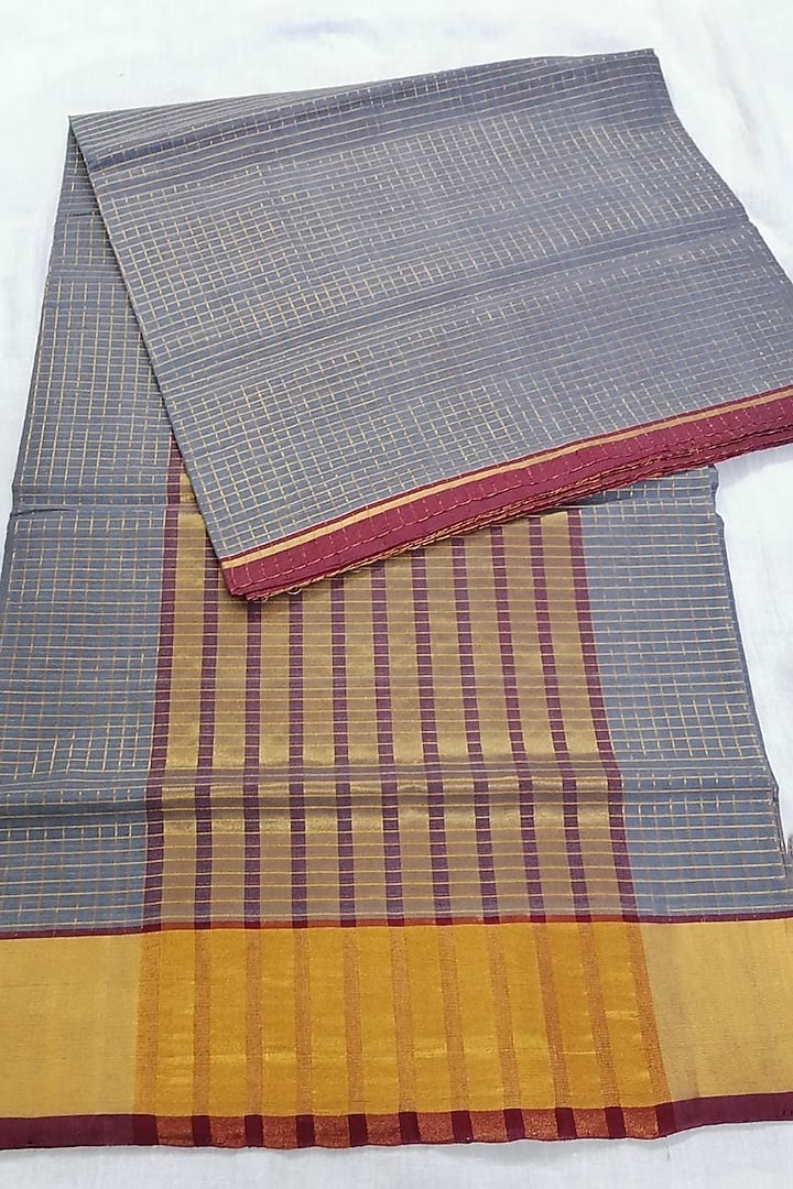 Grey Handwoven Gold Zari Saree With Attached Blouse by Karunakar at Pernia's Pop Up Shop