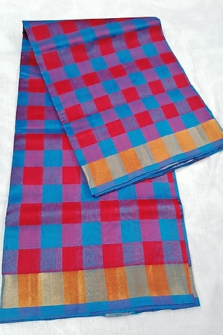 Red & Blue Handwoven Gold Zari Saree With Attached Blouse  by Karunakar