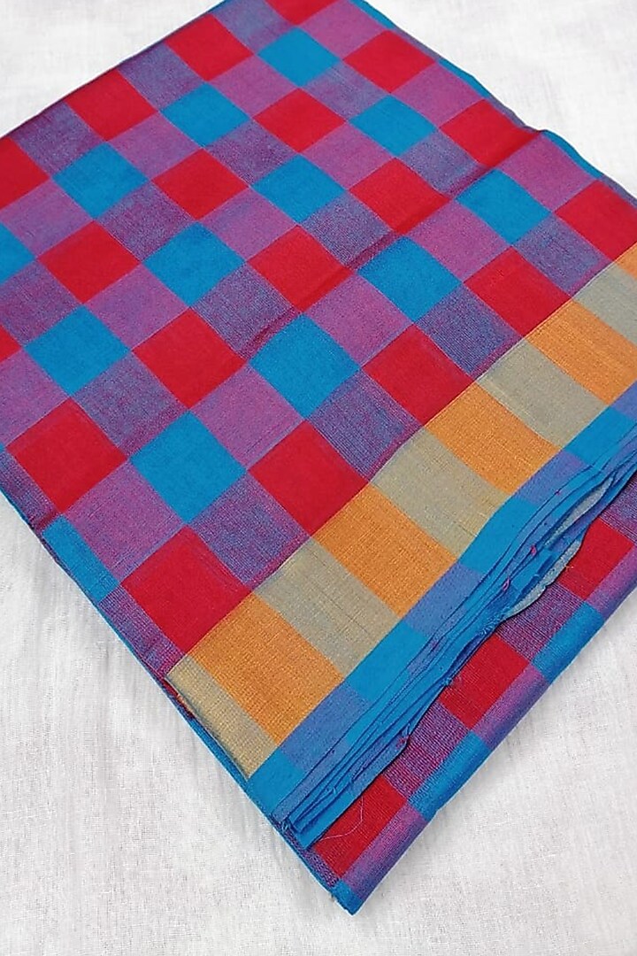 Red & Blue Handwoven Gold Zari Saree With Attached Blouse by Karunakar at Pernia's Pop Up Shop