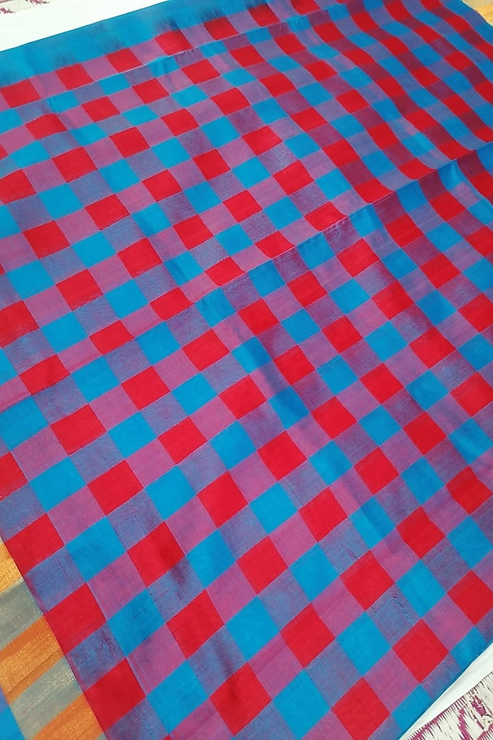 Red & Blue Handwoven Gold Zari Saree With Attached Blouse by Karunakar at Pernia's Pop Up Shop