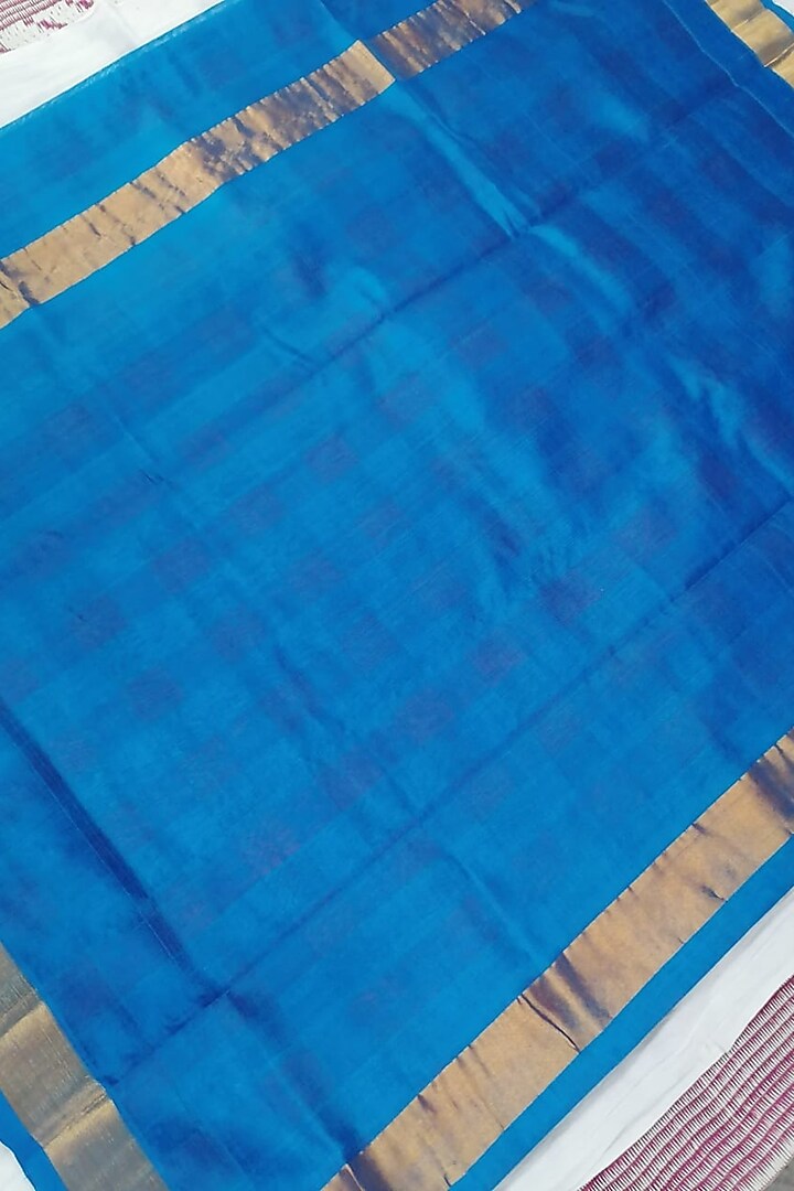 Red & Blue Handwoven Gold Zari Saree With Attached Blouse by Karunakar at Pernia's Pop Up Shop
