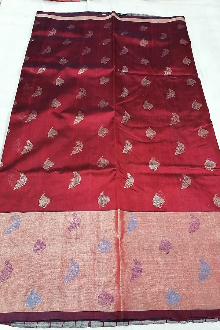 Maroon Handwoven Gold Zari Festive Saree With Attached Blouse by Karunakar at Pernia's Pop Up Shop