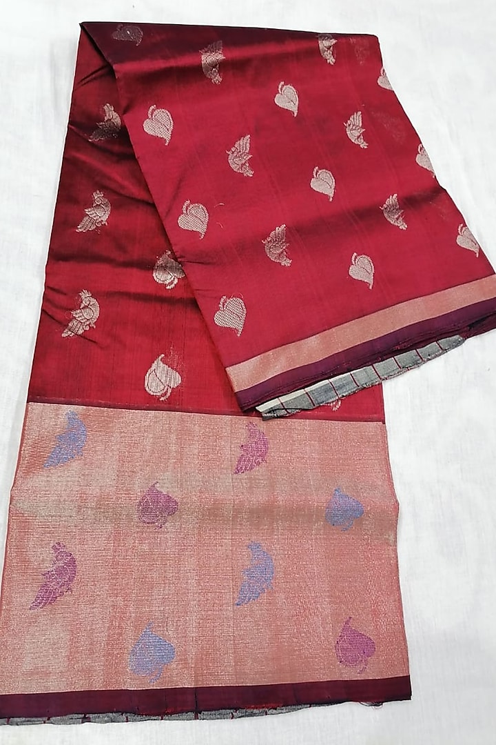 Maroon Handwoven Gold Zari Saree With Attached Blouse  by Karunakar
