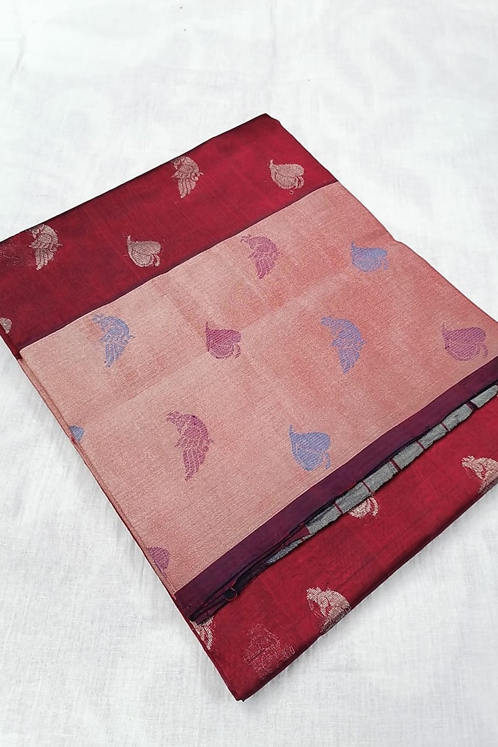 Maroon Handwoven Gold Zari Festive Saree With Attached Blouse by Karunakar at Pernia's Pop Up Shop