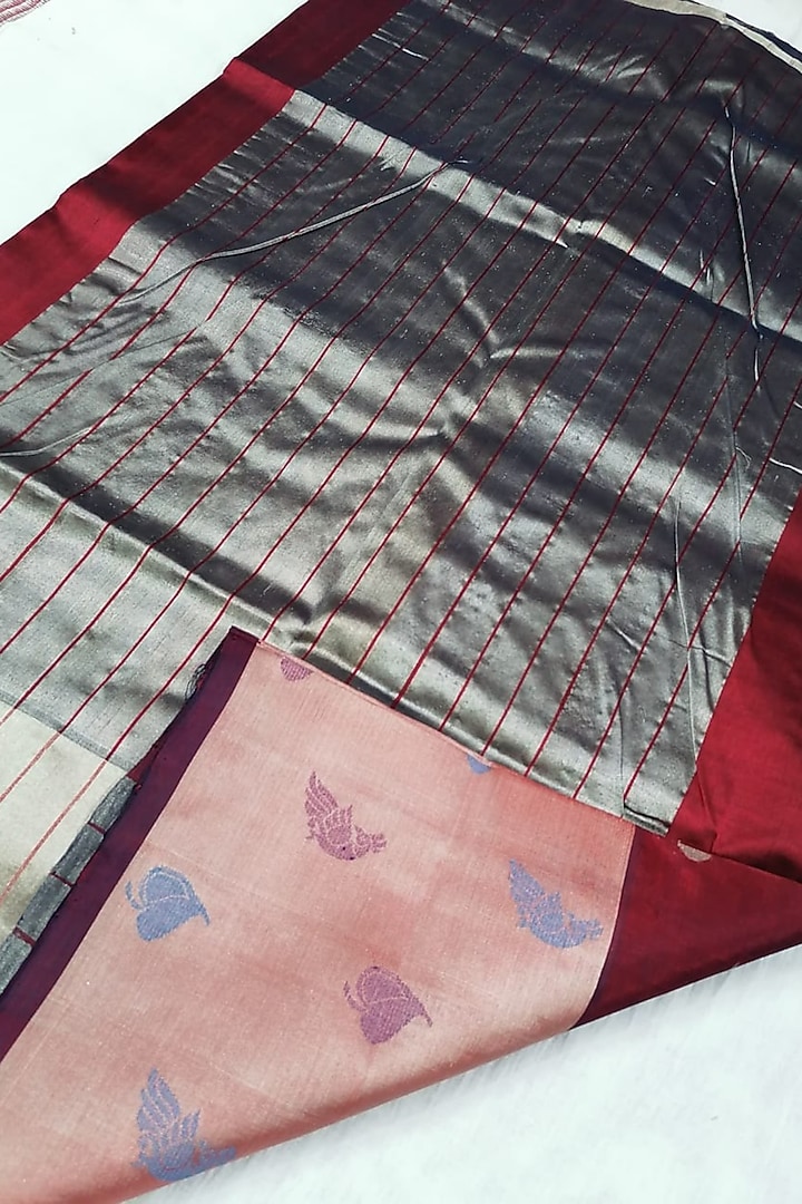 Maroon Handwoven Gold Zari Festive Saree With Attached Blouse by Karunakar at Pernia's Pop Up Shop